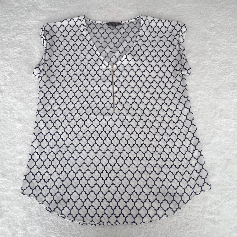 Express Women's Blue White Geo Print Zip Front Blouse Top Size Large
